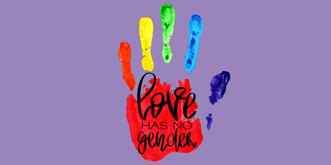 Handprint using the colours of the rainbow to represent love has no gender