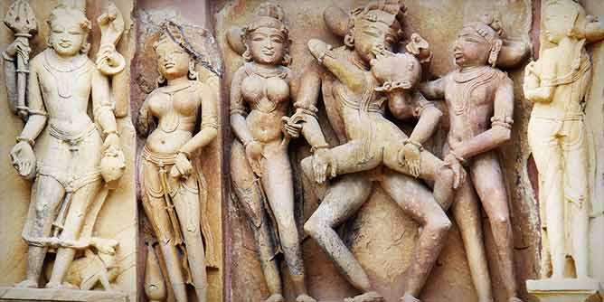 Ancient Indian religious carved relief portraying sexual acts