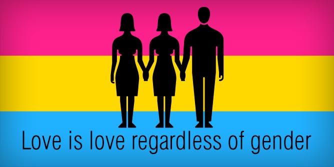 Pansexual flag and the silhouette of a man and two woman standing in front to signify love is love