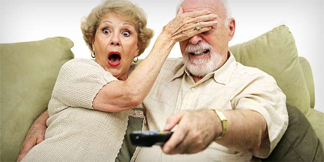 Elderly couple shocked by the sex scenes on the TV