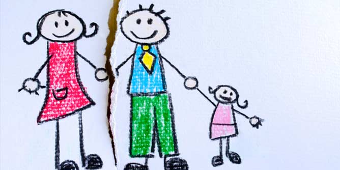 Cartoon drawing of a mother, father and child with the drawing torn to indicate they are divorced