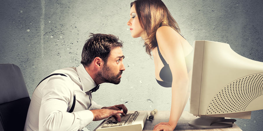 Photoshopped image of a woman in a black bra emerging from a surprised man's computer