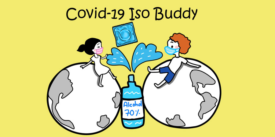 Illustration of a man and a woman sitting on earthly globes wearing masks because of covid19