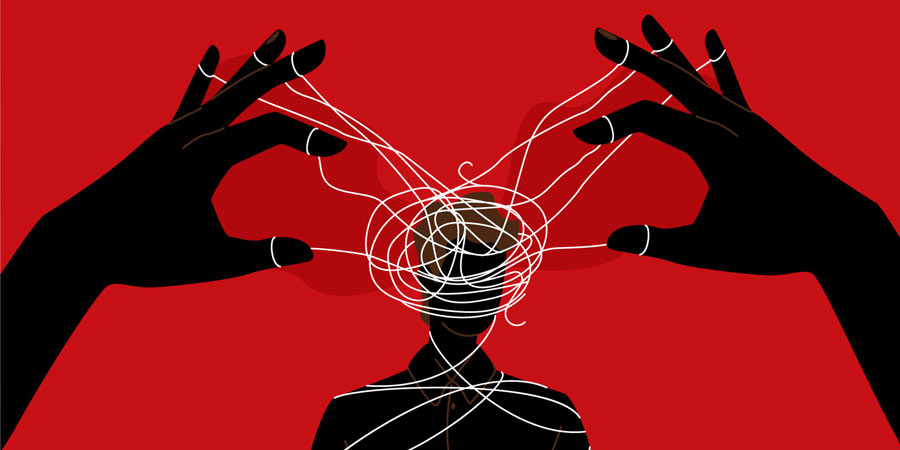Illustration of a person whose brain is surrounded by a frenzied mass of strings