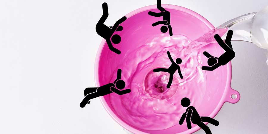 Illustration of small figures appearing to fall into a bright pink man funnel