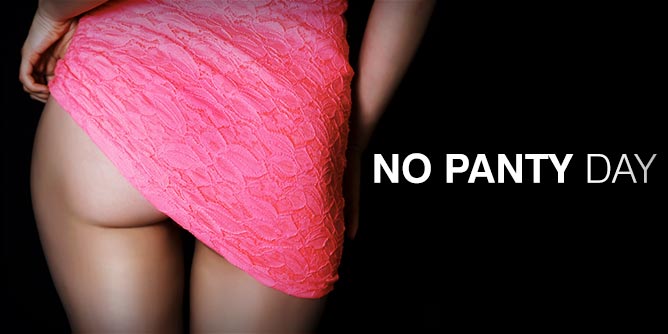Woman with her skirt tucked up revealing she is not wearing panties