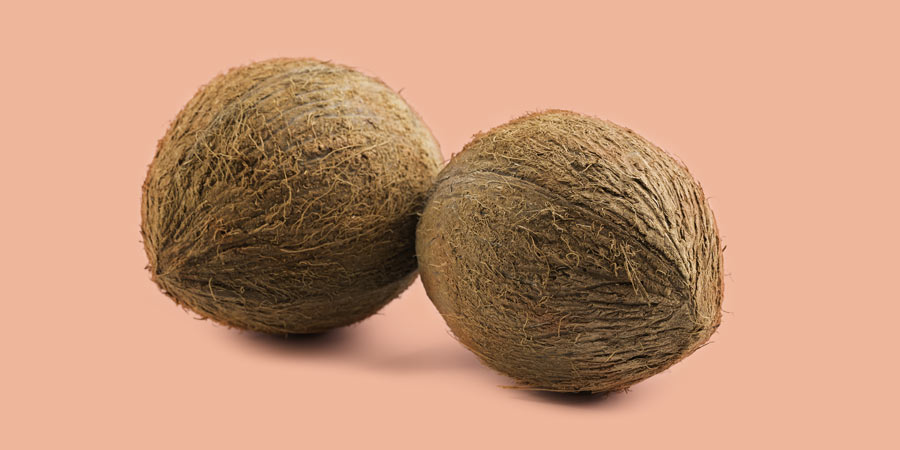 Two hairy coconuts which have not been dehusked as a visualisation of men's hairy balls