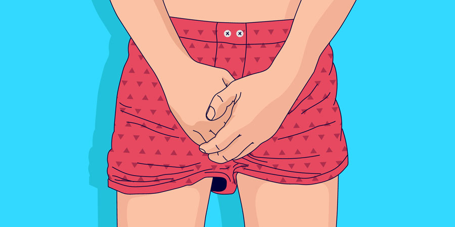 Cartoon drawing of a skinny man in boxer shorts holding his groin