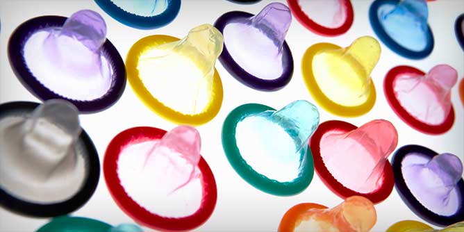 Colourful display of unwrapped condoms