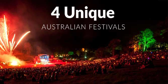 Festival stage in Australia with performers and fireworks 