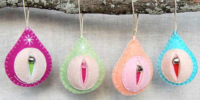 Vaginaments handmade by Feltmelons hanging as Christmas ornaments