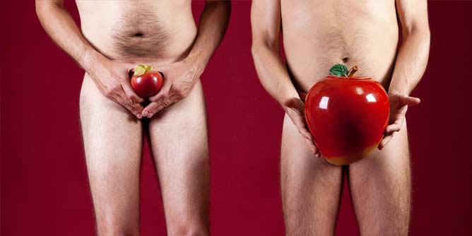Two men, one tall and thin, one shorter and plump holding shiny red apples to hide their genitals