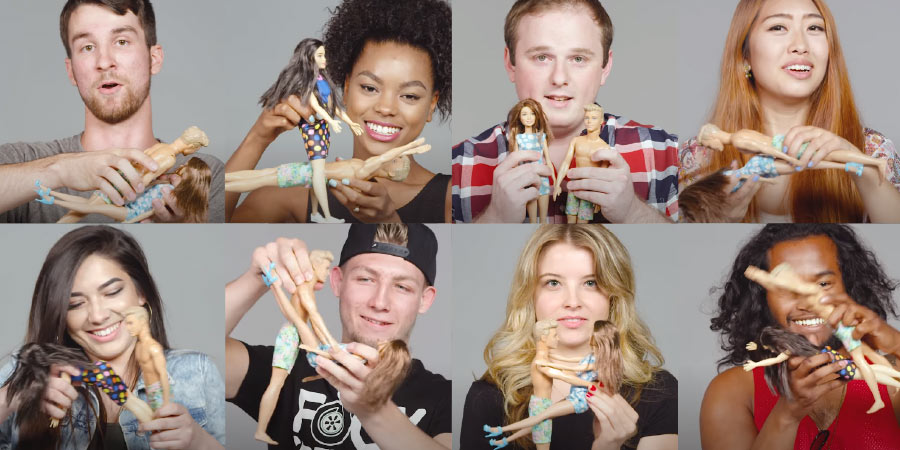 Montage of eight people holding Barbie & Ken dolls in different sex positions