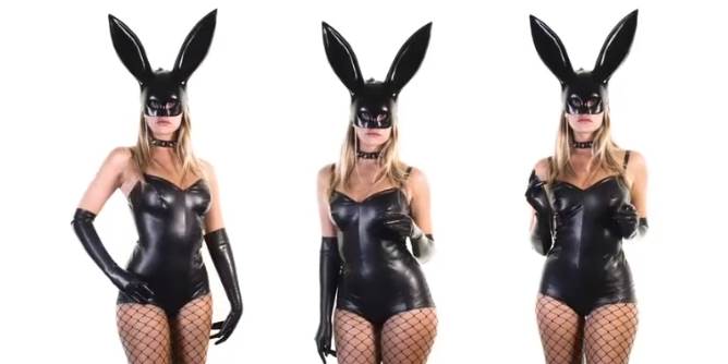 Montage of a woman wearing a PVC suit, fishnet stockings and a mask with rabbit ears